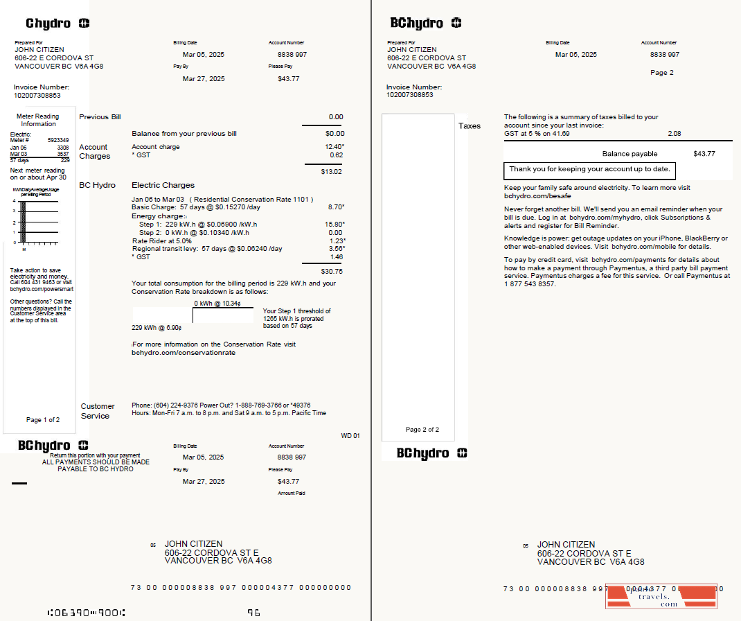 Canada Chydro utility bill template in Word and PDF formtas, 2 pages